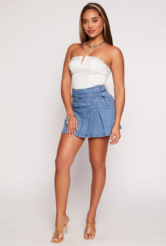 Age-reducing Style Fresh And Capable Belted Denim Pleated Mini Skirt