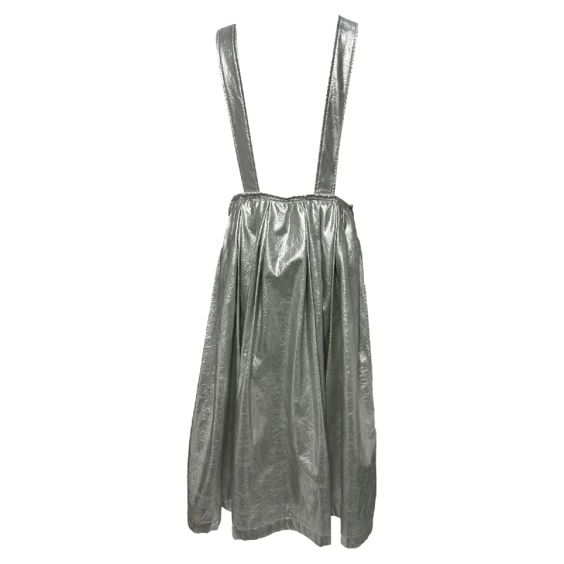 Retro Design Avant-garde Design Comme Des Garçons Midi Suspender Skirt in Metallic Silver Faux Leather Retro Design Avant-garde Design Comme Des Garçons Midi Suspender Skirt in Metallic Silver Faux Leather
