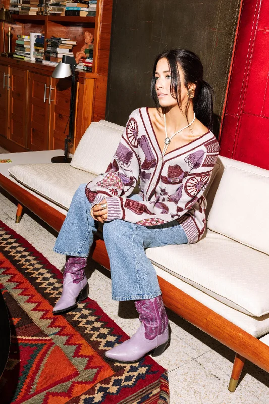 Classic Color Elegant And Charming White & Purple Western Icon Cardigan