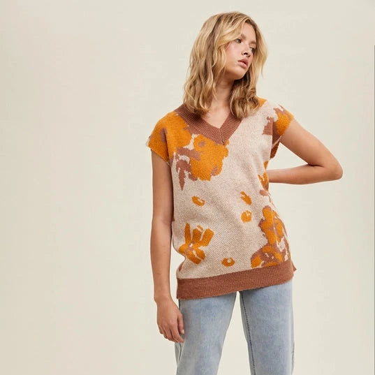 Celebrity Picks Lively And Youthful Women's Floral Watercolor Jacquard Sweater Vest in Taupe Clay