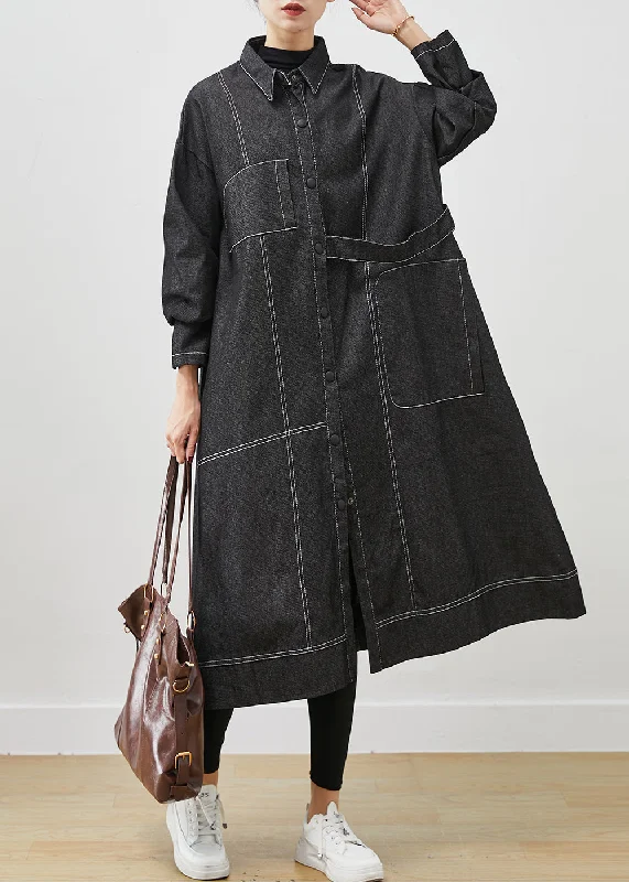 Must-have For Autumn And Winter Modern City Black Loose Denim Trench Coat Oversized Pockets Spring Must-have For Autumn And Winter Modern City Black Loose Denim Trench Coat Oversized Pockets Spring