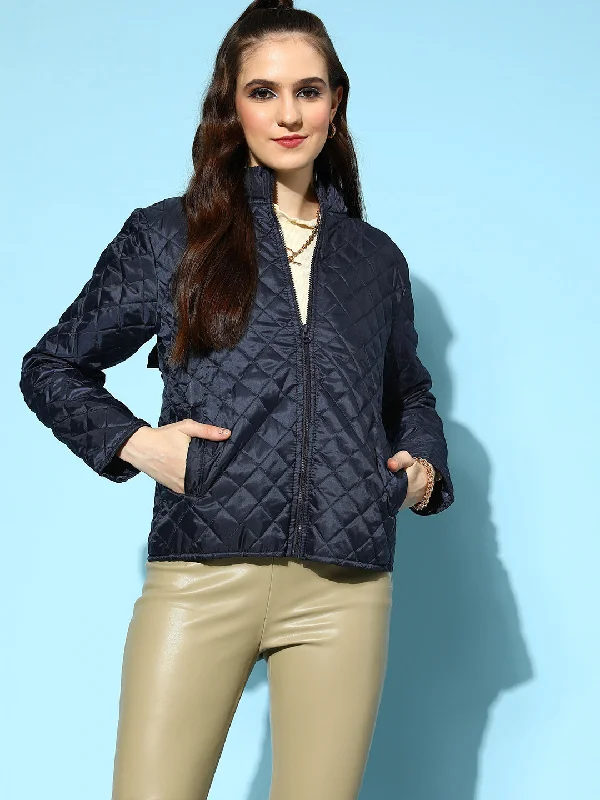 Goddess Style Comfortable And Versatile Women Navy Quilted Hooded Puffer Jacket