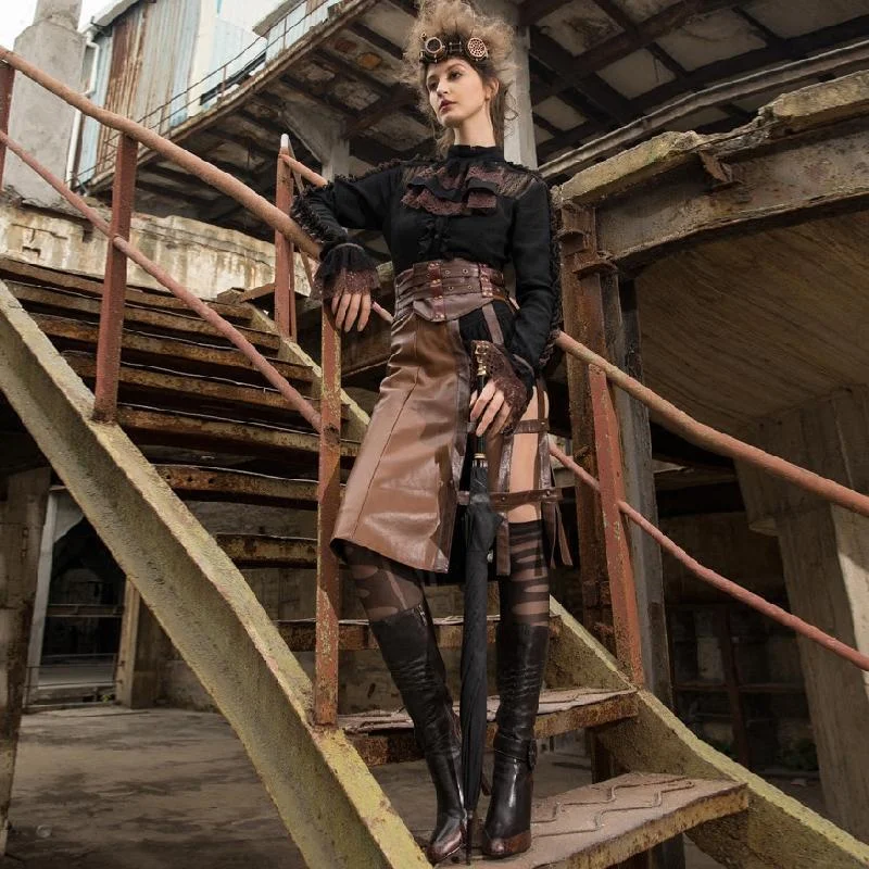Integrated Design Elegant And Charming Women's Steampunk Faux Leather Half Skirt