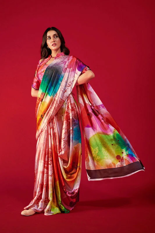 Moisture wicking Women's Multicolor Digital Printed satin Crepe saree With Blouse  (Saree Blouse Without stitch) - Aastha Fashion