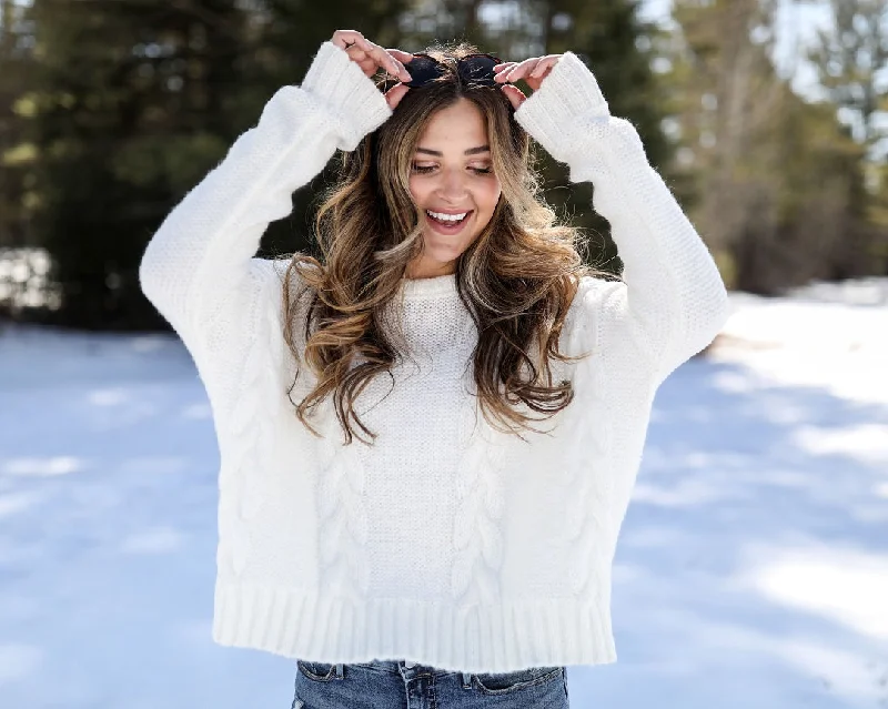 Minimal Style Lazy Home Cropped Cable Crew Sweater