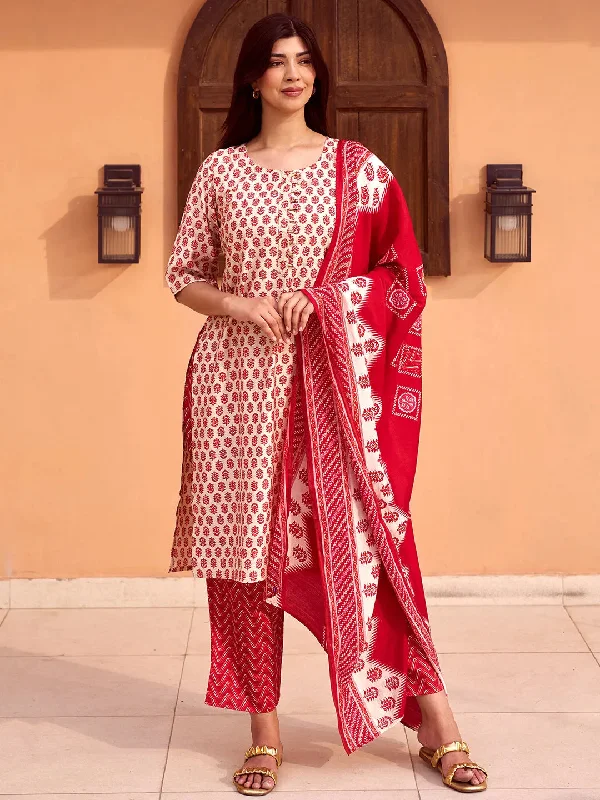 Editorial Design Classic Retro Beige Printed Silk Blend Straight Suit With Dupatta
