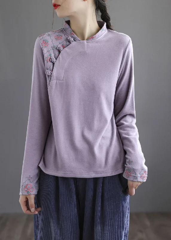 Knowledge And Elegance Modern Purple Embroideried Button Floral Fall Cotton Top