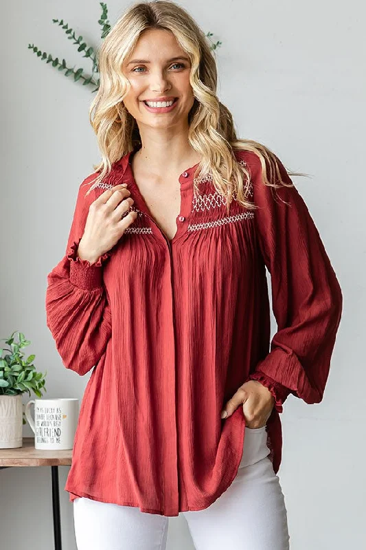 Sports Fitness Wear Rust Embroidered Smocked Blouse