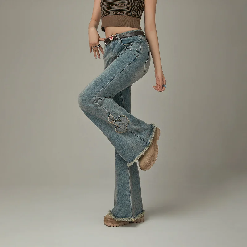 Elegant Design New Season Series Bow Design Frayed Hem Bootcut Denim Jeans