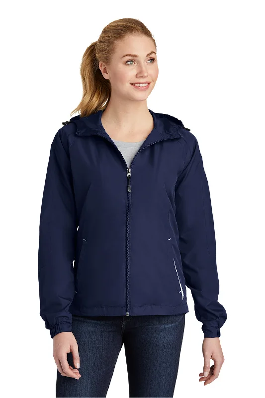Retro Design Simple And Comfortable Sport-Tek Womens Water Resistant Full Zip Hooded Jacket - True Navy Blue/White