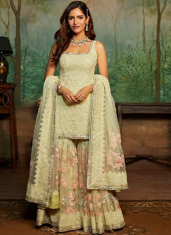 Unique Prints Thin Design Soft Yellow Heavy Embroidered Gharara Suit