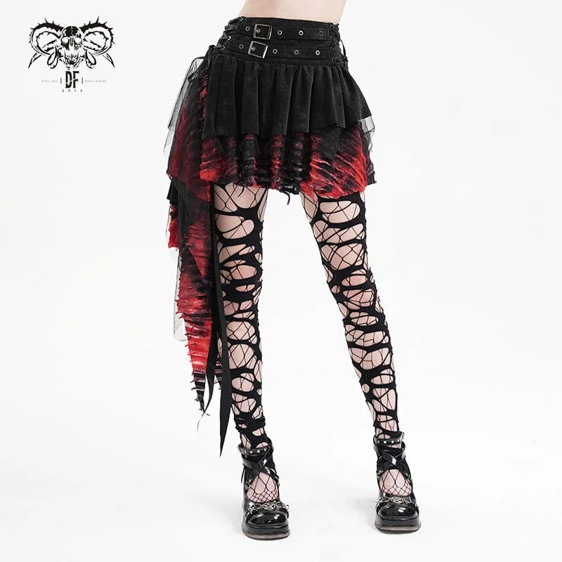 Classic Retro Soft And Comfortable Women's Gothic Eyelets Mesh Irregular Hem Skirt Black Red