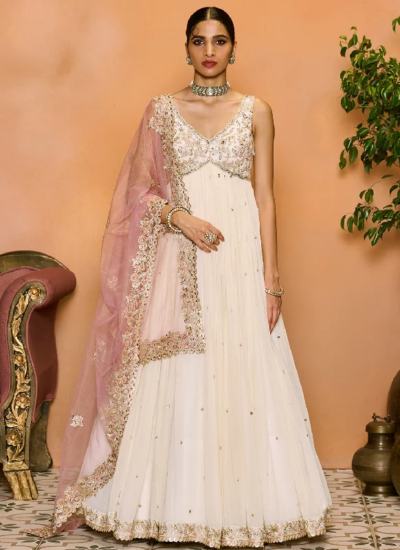 High Street Style Elegant And Noble Off White and Light Pink Embroidered Anarkali
