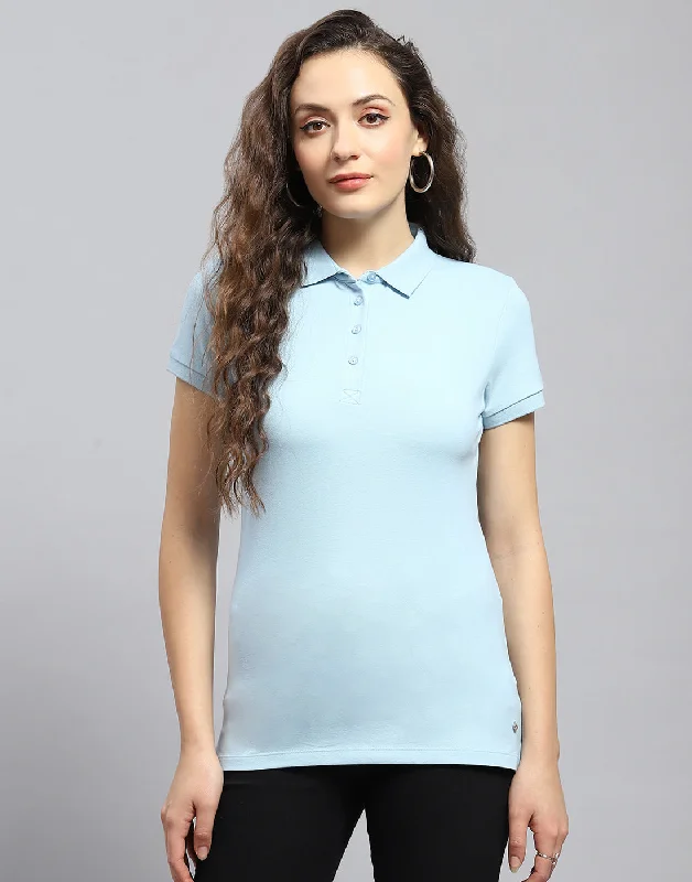 Personalized Design Classic Retro Women Blue Solid Polo Collar Half Sleeve T-Shirt Personalized Design Classic Retro Women Blue Solid Polo Collar Half Sleeve T-Shirt