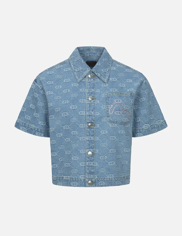 Fashionable Prints French Style Allover Logo Jacquard and Rhinestone Seagull Fashion Fit Denim Shirt Fashionable Prints French Style Allover Logo Jacquard and Rhinestone Seagull Fashion Fit Denim Shirt