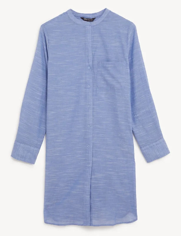 Printed Patterns French Style Pure Cotton Collarless Beach Cover Up Shirt
