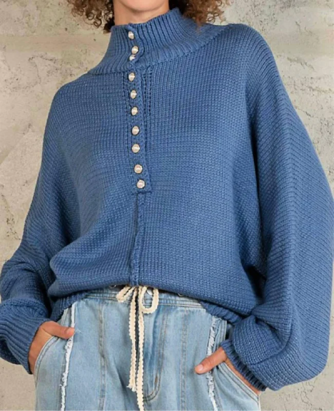 Innovative Design Pearl Button Pullover Sweater In Blue