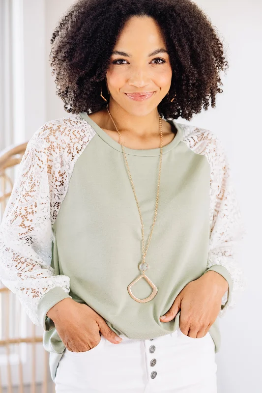High Street Fashion Carefree Style Do Your Best Sage Green Lace Sleeve Top