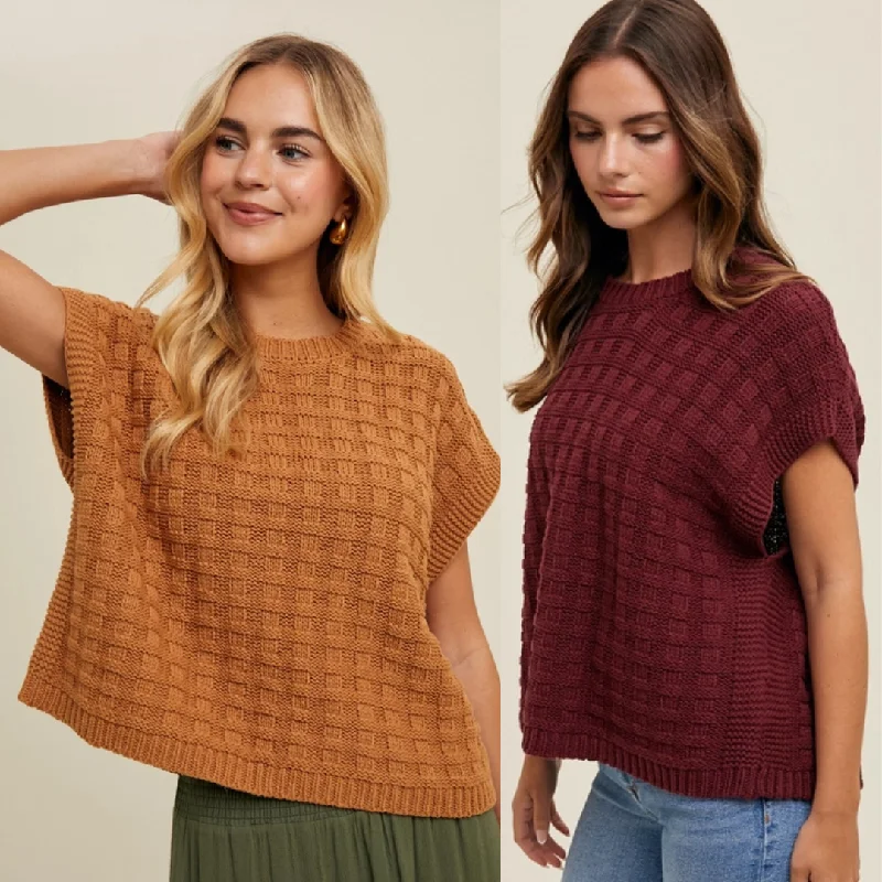 Floral Prints Autumn Selection Women's Boxy Weave Textured Cap Sleeve Sweater (Available In 2 Color Choices)