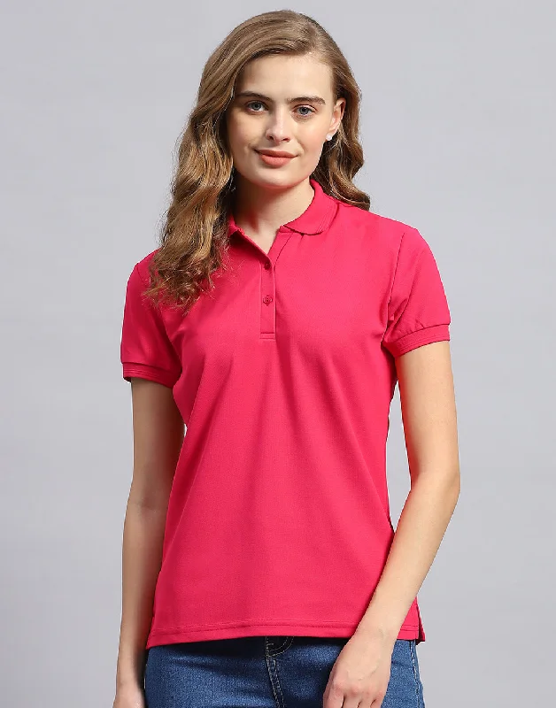 Youthful Street Fashion Lively And Youthful Women Pink Solid Polo Collar Half Sleeve T-Shirt Youthful Street Fashion Lively And Youthful Women Pink Solid Polo Collar Half Sleeve T-Shirt