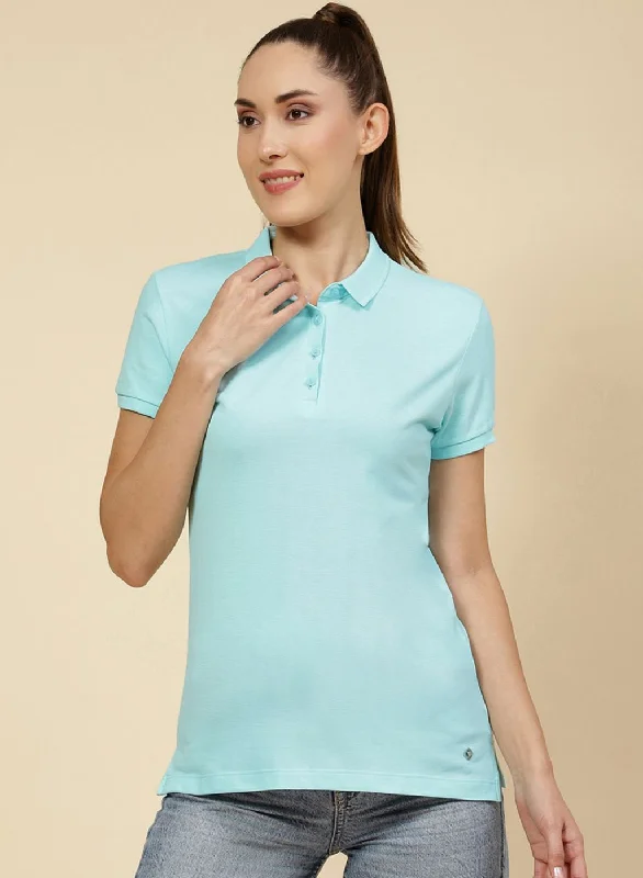 New Autumn And Winter Styles Embroidered Letters Women Aqua Blue Solid T-Shirt
