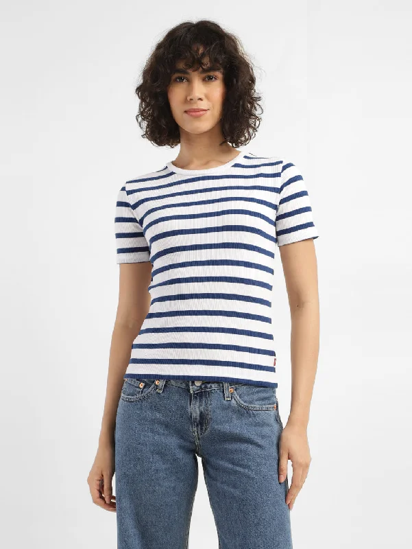 Retro Lace Fabric Women's Striped Round neck T-shirt