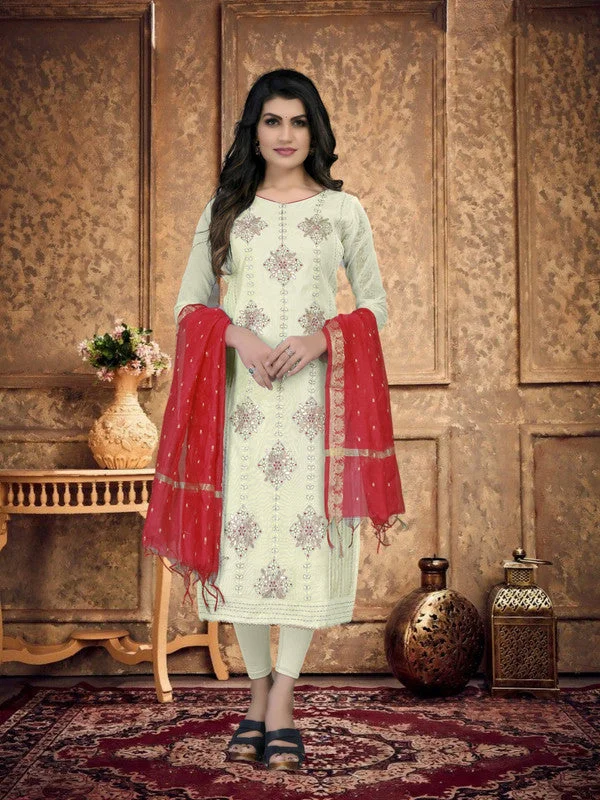 Elegant And Lazy Women's Off White Chanderi Silk Embroidered Kurta With Trouser & Dupatta - Aastha Fashion