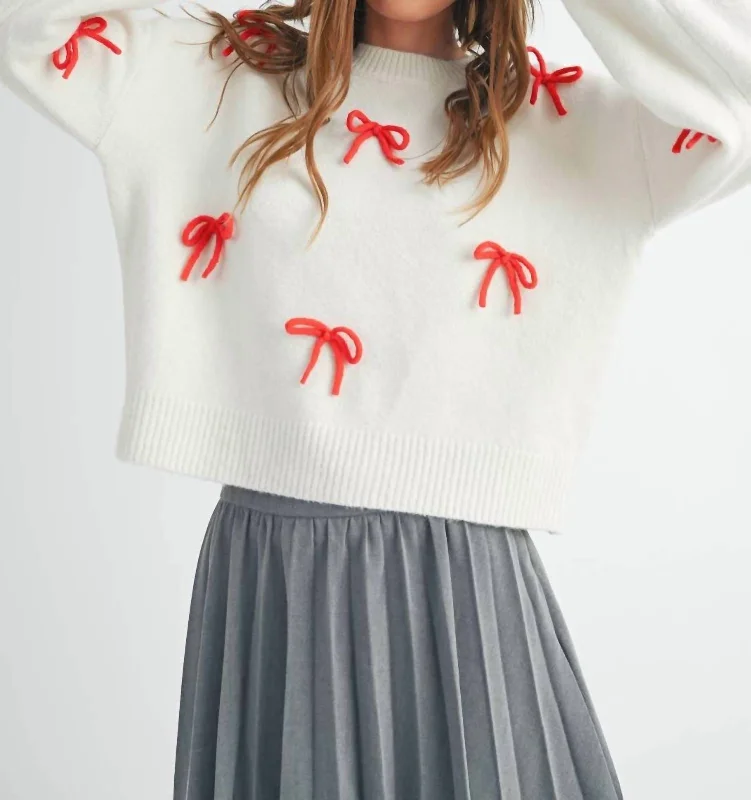 Elegant Design Cute Style Bow Detailed Brushed Sweater In Off White/red