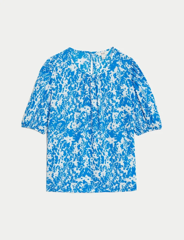 Elegant Wear Dessert Matching Printed Round Neck Puff Sleeve Blouse