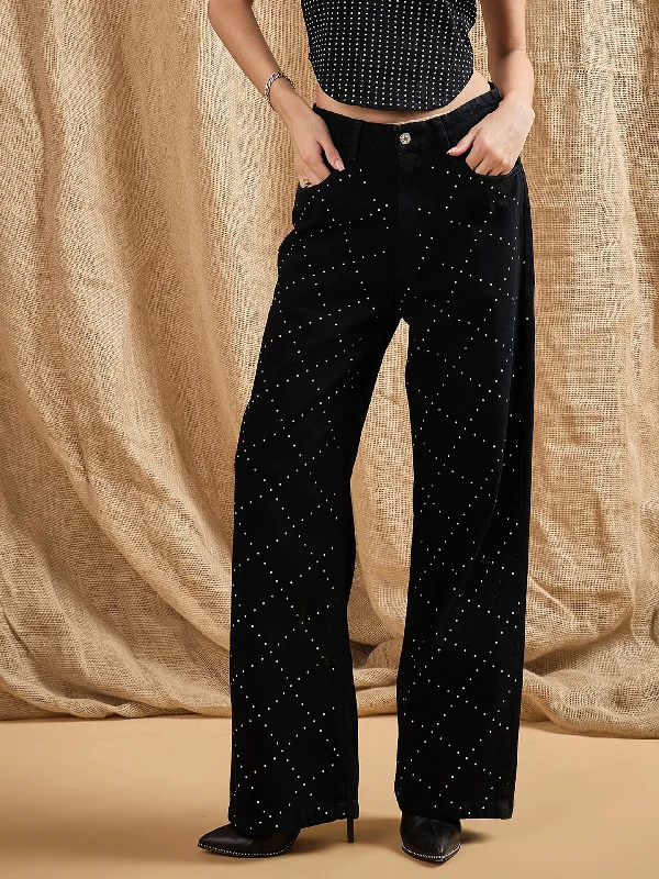 Round neck design Women Black Stud Work Straight Fit Jeans