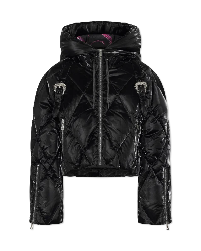Elegant Design Cute Style Baroque Buckle Hooded Puffer Jacket