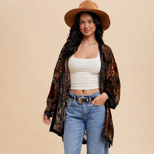 Personalized Series British Style Women's Floral Velvet Burnout Kimono in Black