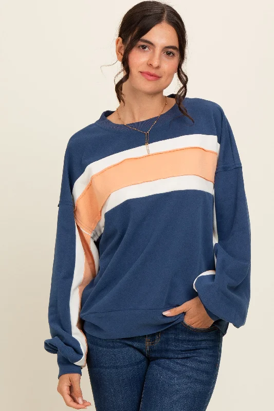 Cool Style Navy Blue Colorblock Pullover Top