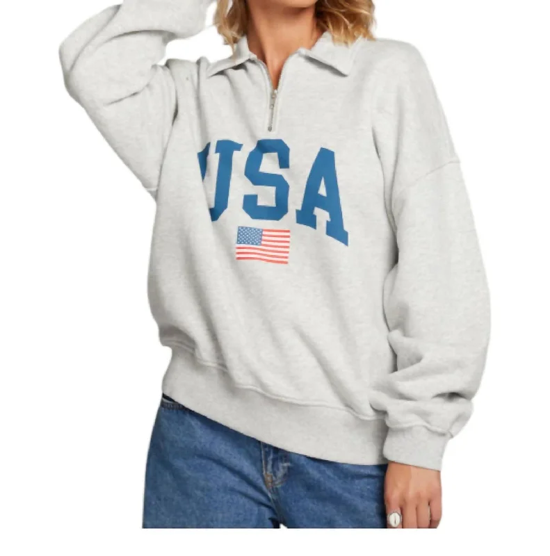 Street Style Usa Quarter Zip Oversized Sweatshirt In Heather Gray