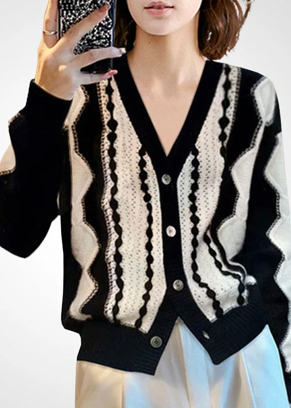 Low-key Luxury Fashion Colorblock V Neck Patchwork Wool Knit Cardigan Winter