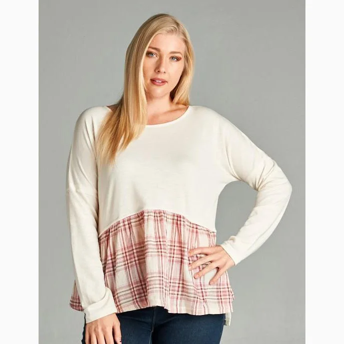Personalized Wear Trendy And Casual BD Collection Women's Ivory and Red Plaid Ruffle Shirt