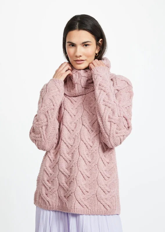 Exquisite Embroidery British Fashion Aran Cowl Neck Chunky Sweater | Pink