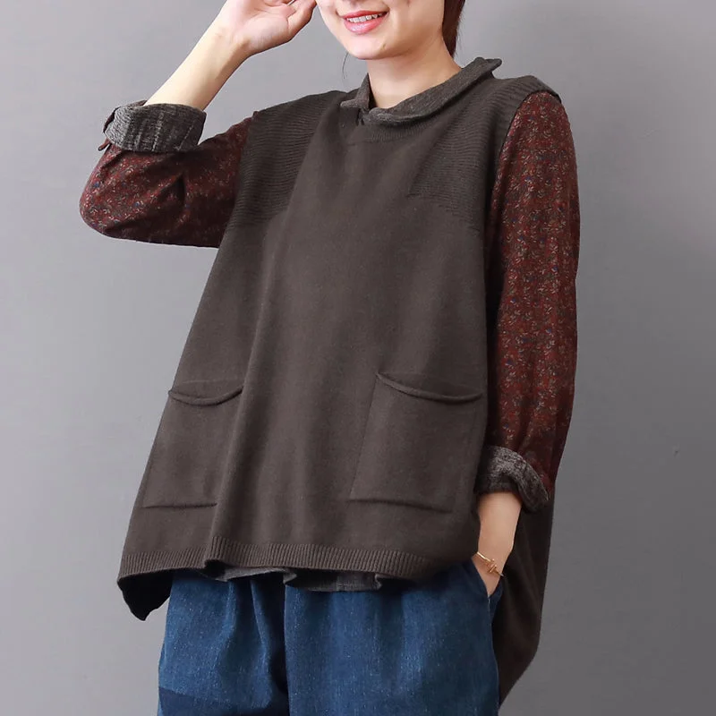 Avant-garde trend New khaki cozy sweater Loose fitting lapel collar sweaters 2018 sleeveless top