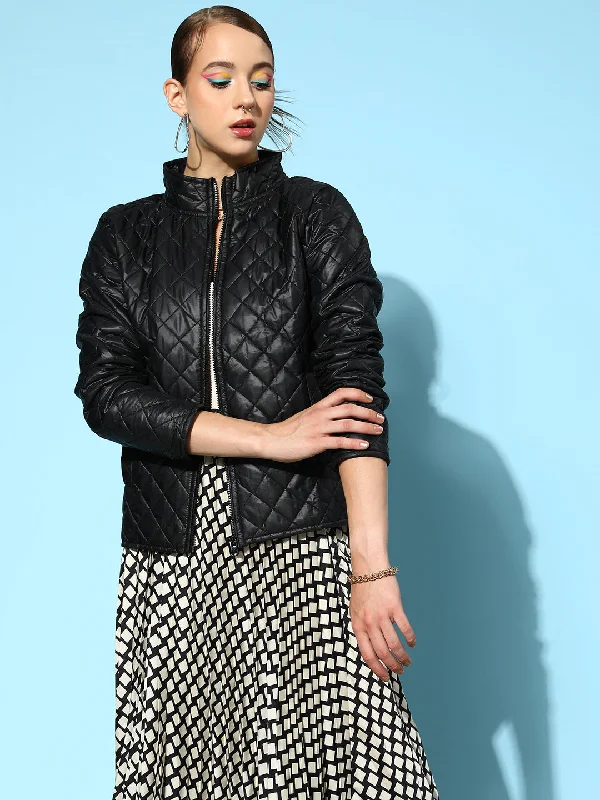 Integrated Design Advanced Customization Women Black Quilted Hooded Puffer Jacket