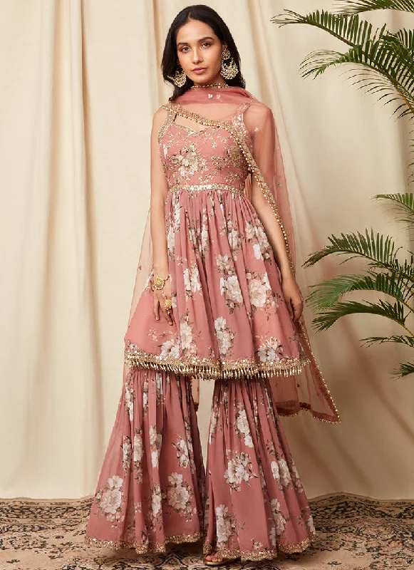 Personalized Design Carefree Style Dusty Rose Floral Georgette Gharara Suit