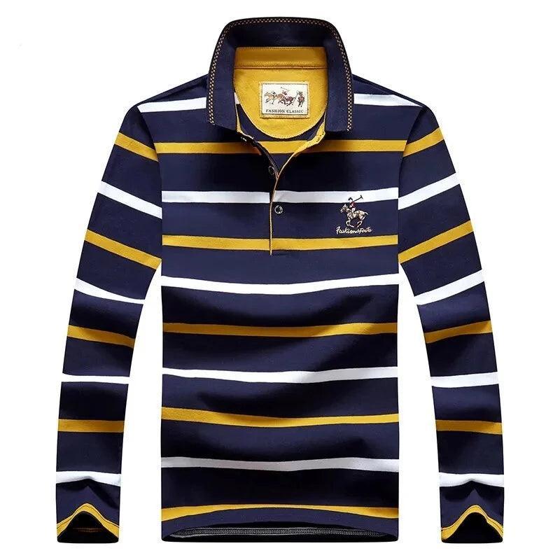 Retro Fashion French Style Striped Men Polo Shirt Cotton Long Sleeve