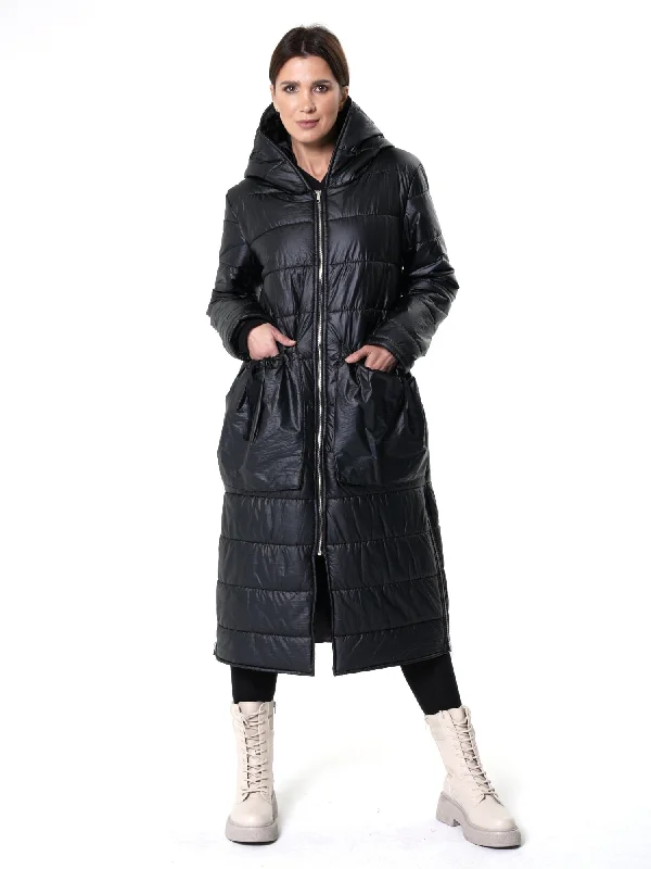 Cool Breeze At Night Long Black Puffer Jacket With Oversize Pockets