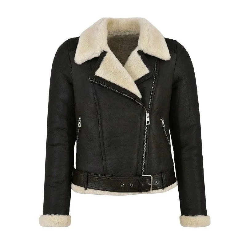 Sports outdoor style Women's Genuine Leather Faux Fur Shearling Biker Jacket