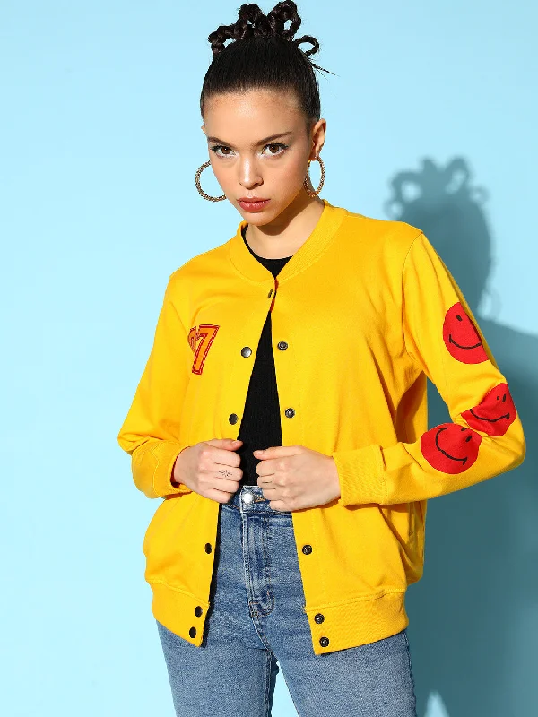 Editorial Design Classic Retro Women Yellow Terry 07 Embroidered Varsity Jacket