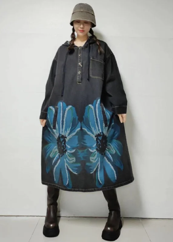 Design And Tailoring Loose Blue Hooded Print Denim Dress Long Sleeve