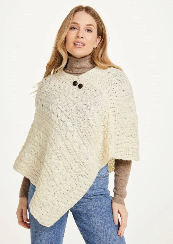 Multifunctional Style Youthful Street Fashion Aran Cable Knit Wool Poncho | Natural