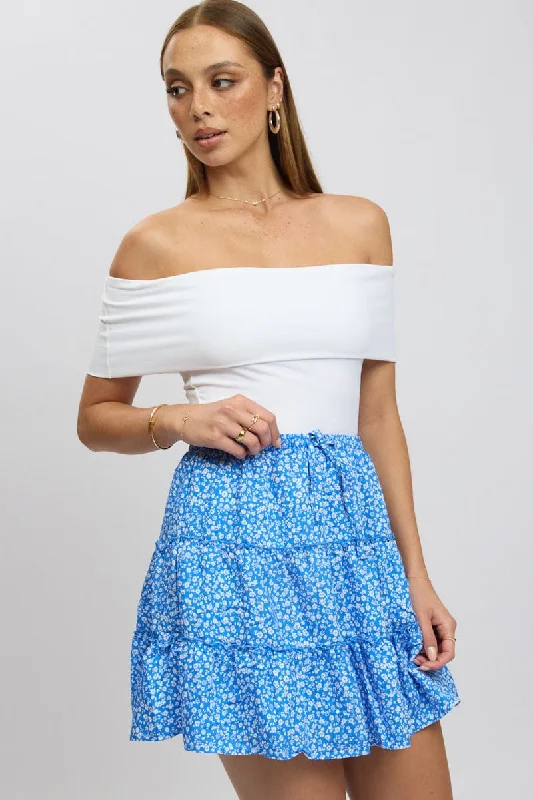 Bright Colors Celebrity Must-have Blue Ditsy Skater Skirt High Rise Tiered Mini Lined Bright Colors Celebrity Must-have Blue Ditsy Skater Skirt High Rise Tiered Mini Lined