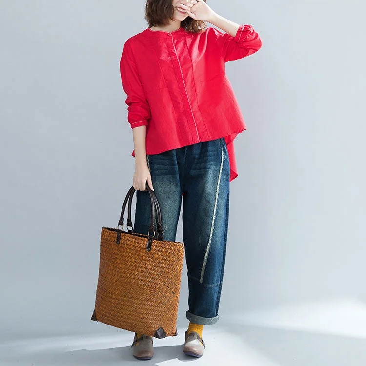 Creative Prints Lazy Home Italian stand collar cotton blouses for women plus size design red box blouse Creative Prints Lazy Home Italian stand collar cotton blouses for women plus size design red box blouse
