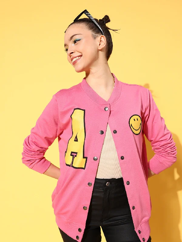 Exclusive Customization Personalized Design Women Pink Terry Smiley Patch Printed Varsity Jacket