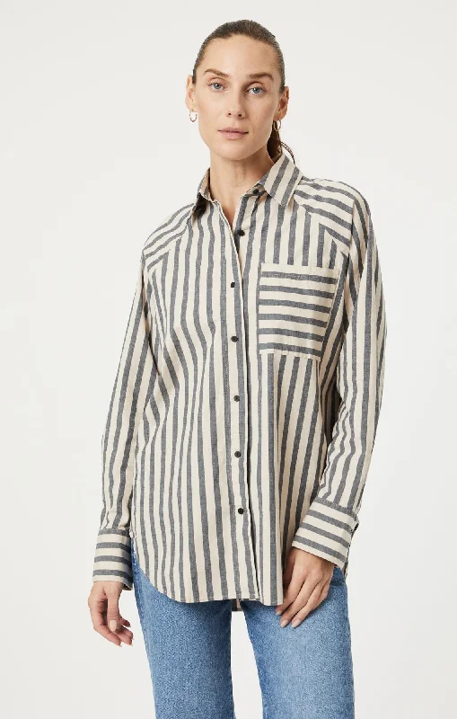 Sweet Style High-end Design BUTTON-UP LONG SLEEVE SHIRT IN BEIGE BOLD STRIPE